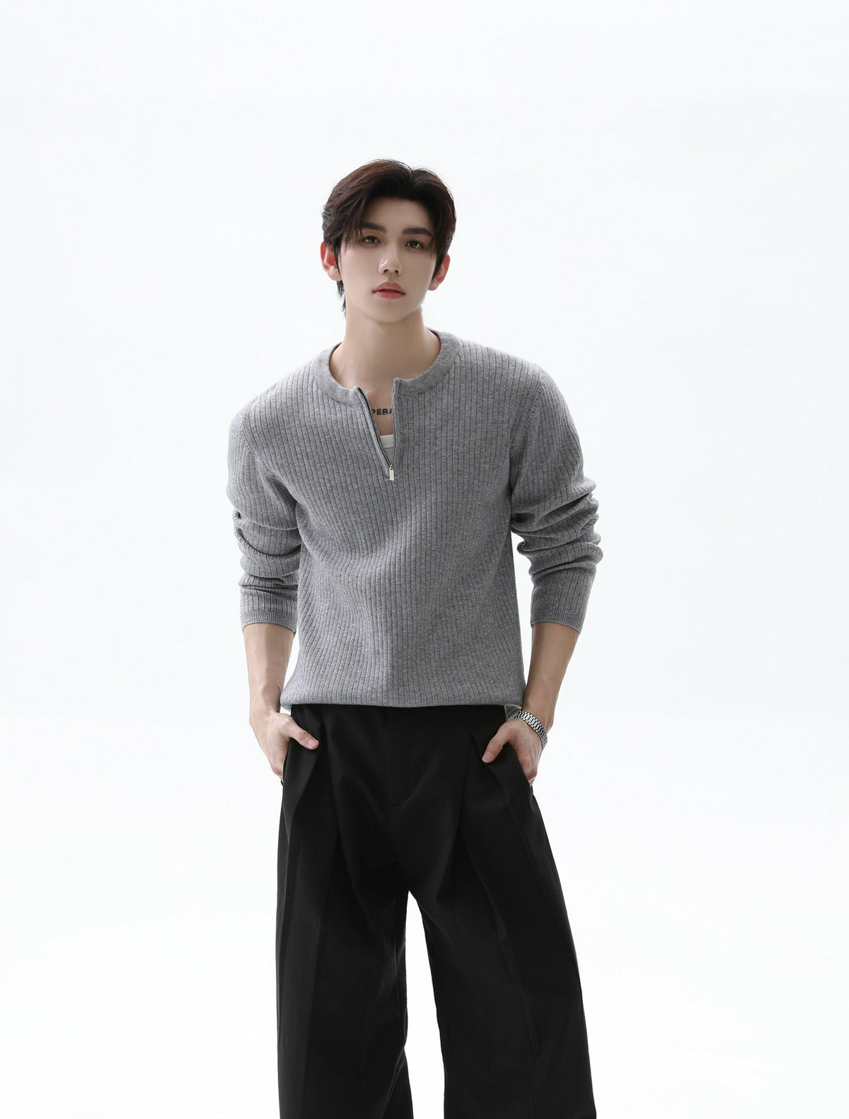 Half-Zip Ribbed Knit Stand Collar Sweater