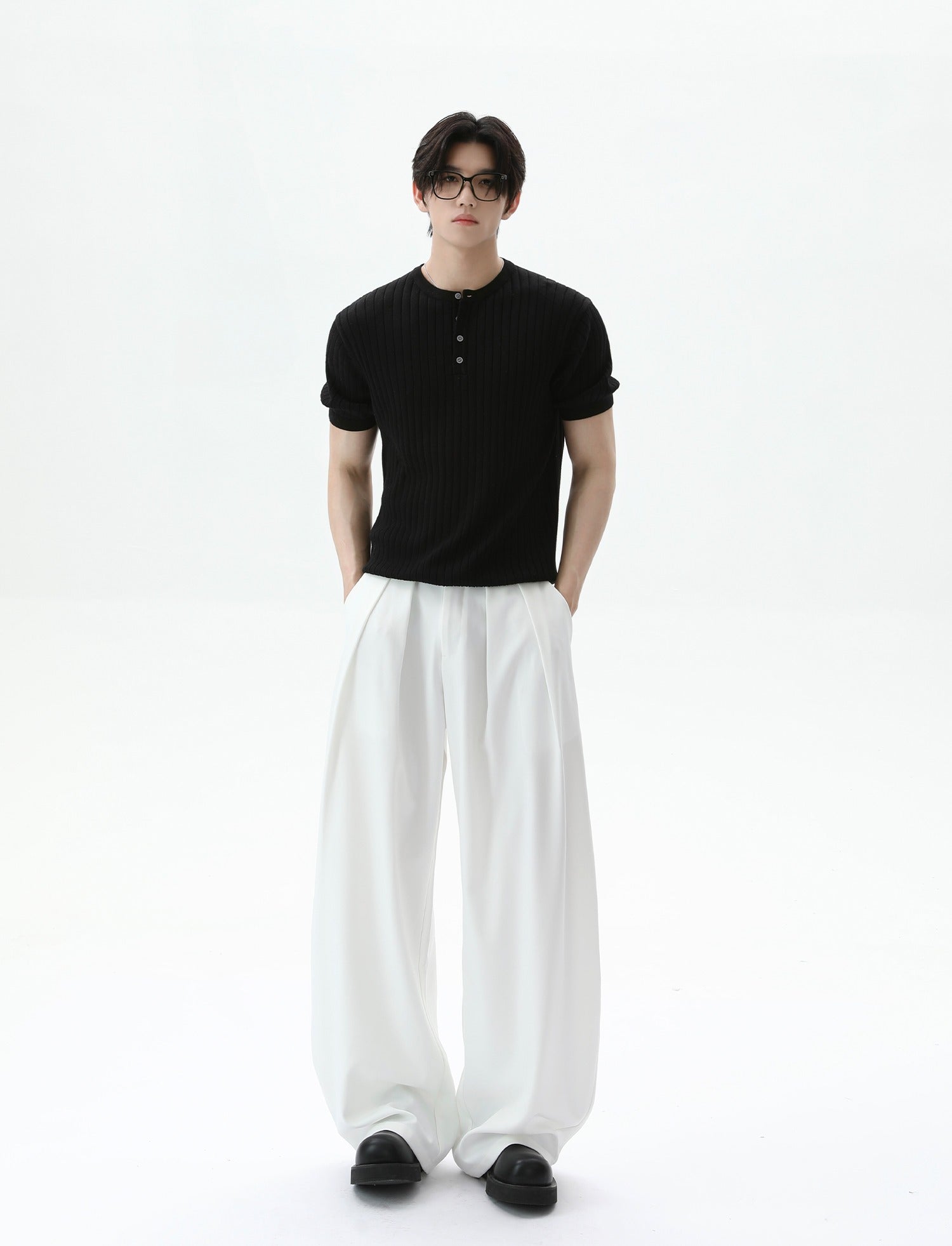 Ribbed Knit Short Sleeve Henley Shirt