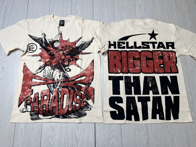 HELLSTAR Paradise Bigger Than Satan Vintage Washed Short Sleeve Tee Cream Streetwear T‑Shirt Hover Image