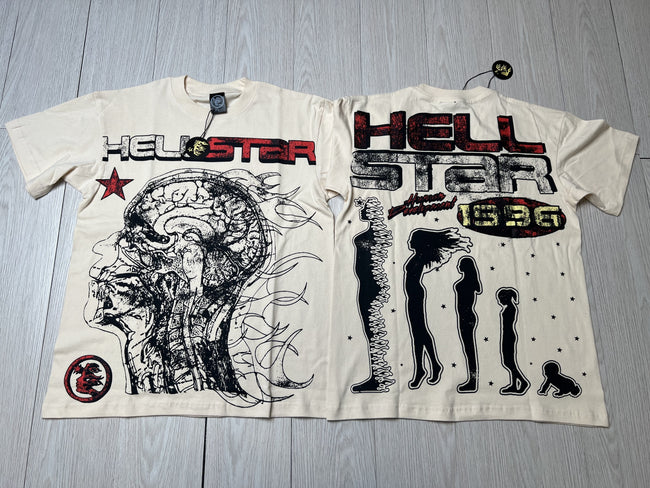 HELLSTAR 1996 Brain Art Evolution Silhouette Vintage Washed Short Sleeve Tee Cream Streetwear T‑Shirt Hover Image