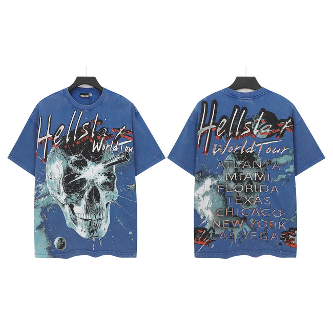 HELLSTAR World Tour Shattered Skull Double‑Sided Short Sleeve Tee Blue Washed Streetwear T‑Shirt Hover Image