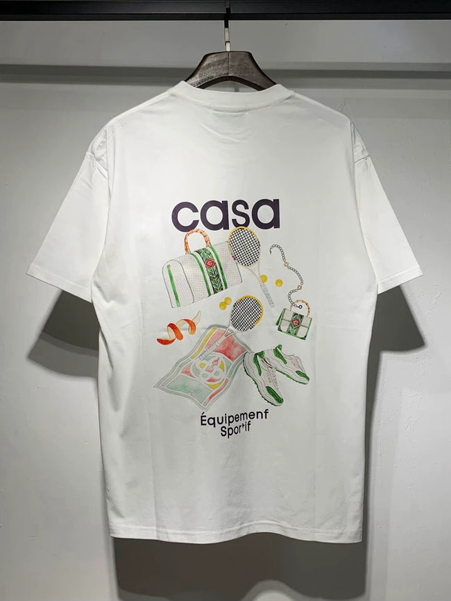 Casablanca Tennis Equipment Collage Graphic White Short Sleeve T-Shirt Unisex Hover Image