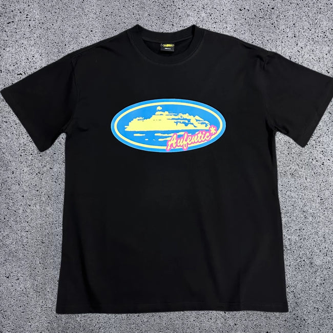 Corteiz Authentic Oval Logo T-Shirt – Black/Blue & Pink Hover Image