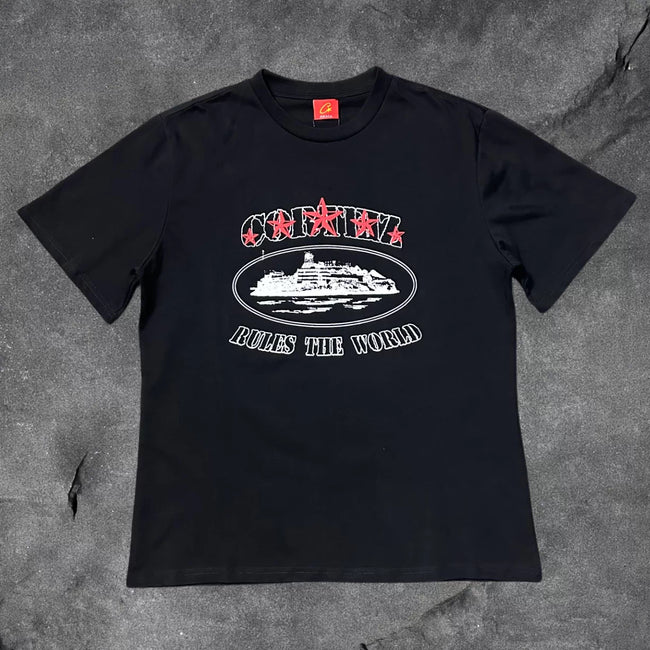 Corteiz Alcatraz "Rules The World" Graphic Tee - Black Streetwear T-Shirt Hover Image