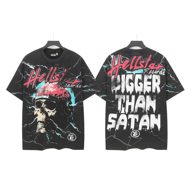 HELLSTAR Records Lightning Skull "Bigger Than Satan" Double‑Sided Short Sleeve Tee Black Washed Streetwear T‑Shirt Hover Image