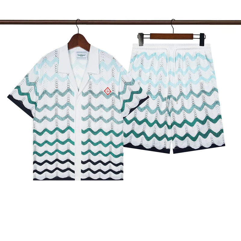 Casablanca White Base Black Wavy Chevron Allover Print Shirt & Shorts Two Piece Set