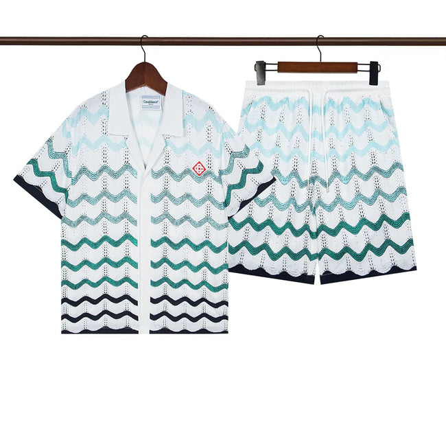 Casablanca White Base Black Wavy Chevron Allover Print Shirt & Shorts Two Piece Set Hover Image