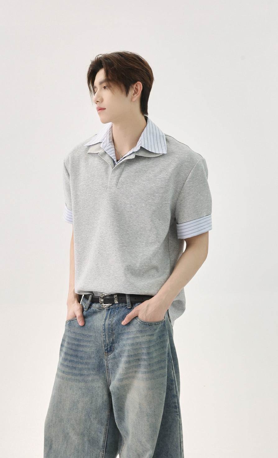Patchwork Striped Loose Polo Pullover