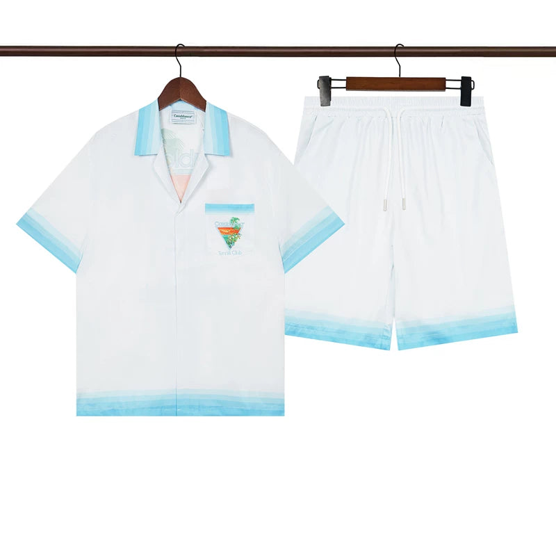 Casablanca White Light Blue Gradient Tennis Logo Shirt & Shorts Two Piece Set