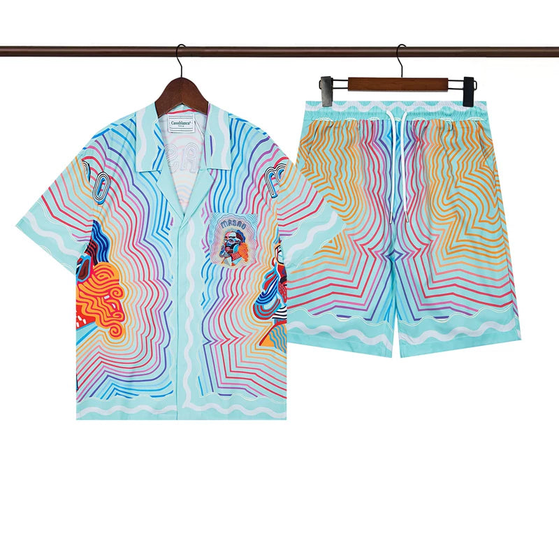 Casablanca Abstract Wave Line Art Allover Print Shirt & Shorts Two Piece Set