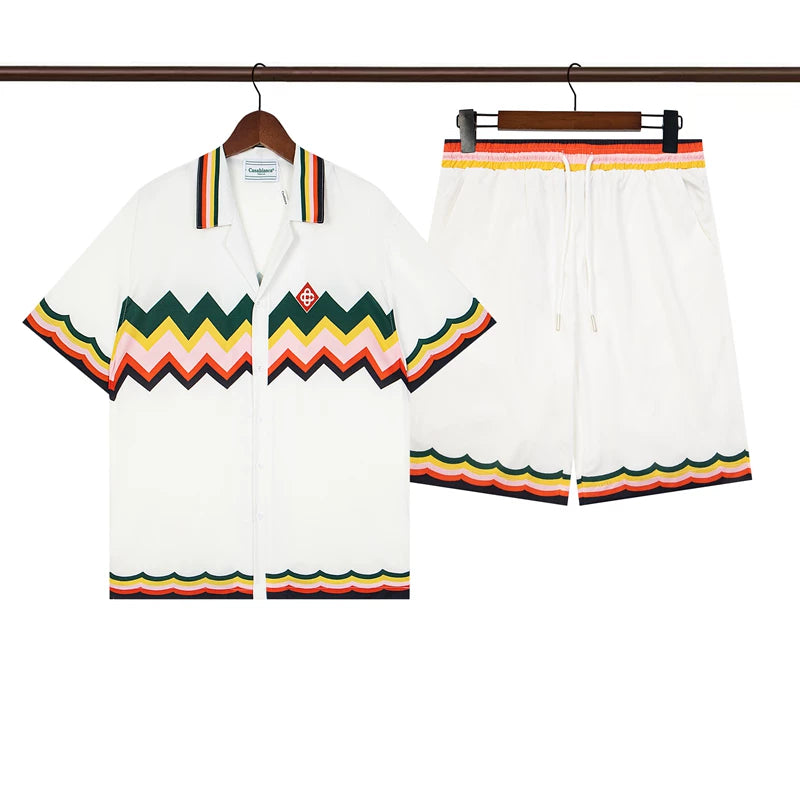 Casablanca White Base Colorful Zigzag Wavy Trim Shirt & Shorts Two Piece Set