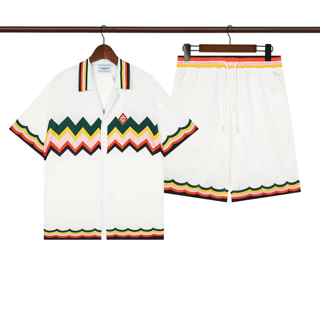Casablanca White Base Colorful Zigzag Wavy Trim Shirt & Shorts Two Piece Set Hover Image