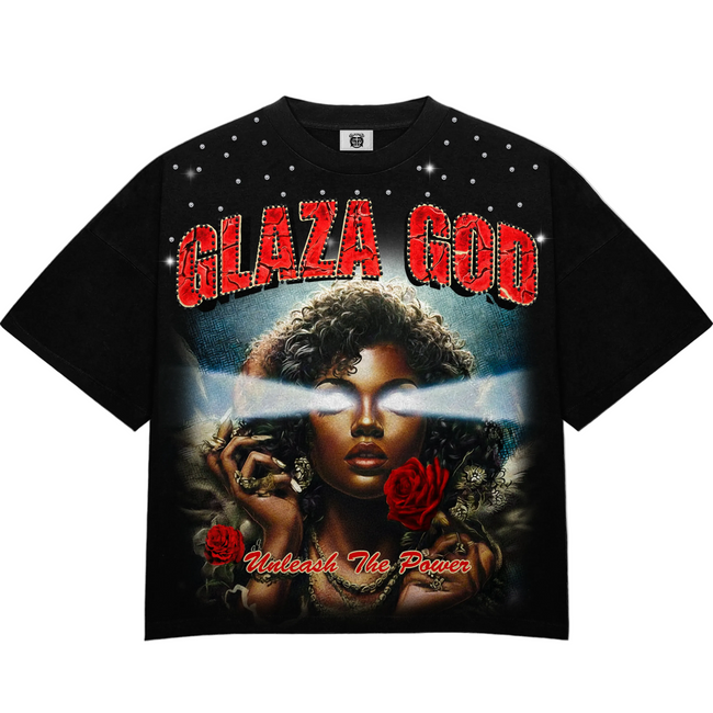 GLAZA GOD Flowers - Heavyweight Terry Oversized Tee- Black Hover Image