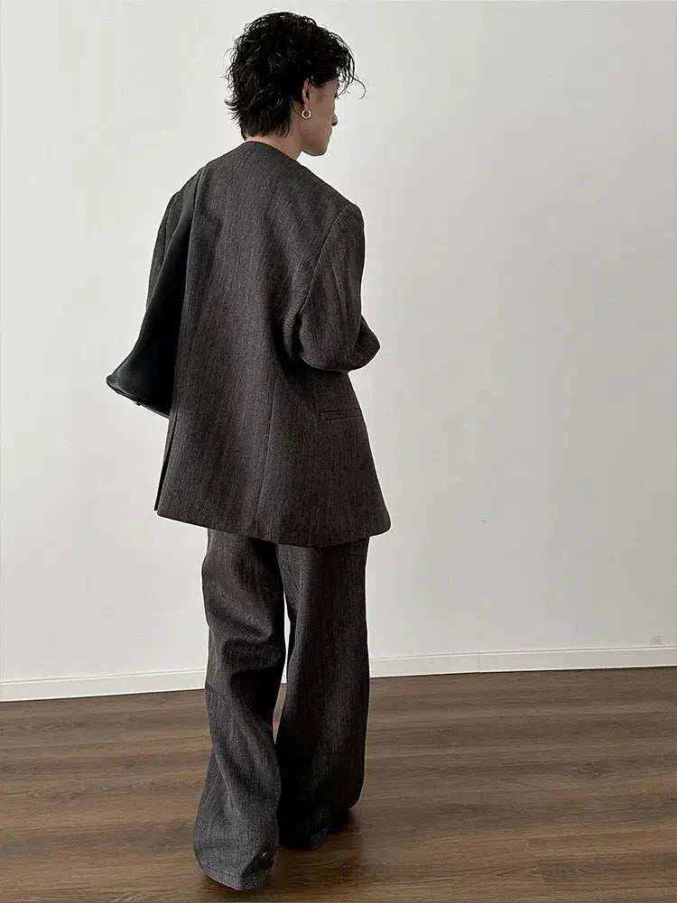Retro Woven Suit Blazer and Wide-Leg Pants