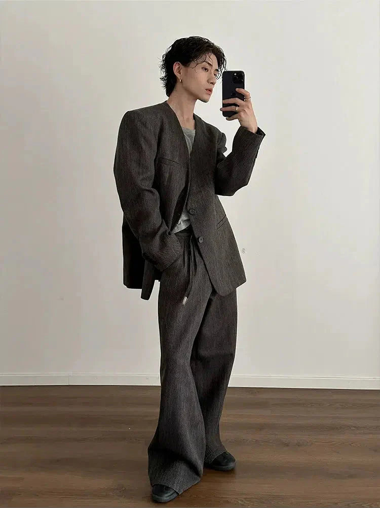 Retro Woven Suit Blazer and Wide-Leg Pants