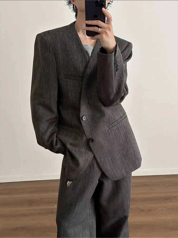 Retro Woven Suit Blazer and Wide-Leg Pants