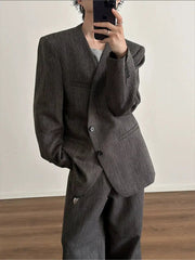 Retro Woven Suit Blazer and Wide-Leg Pants