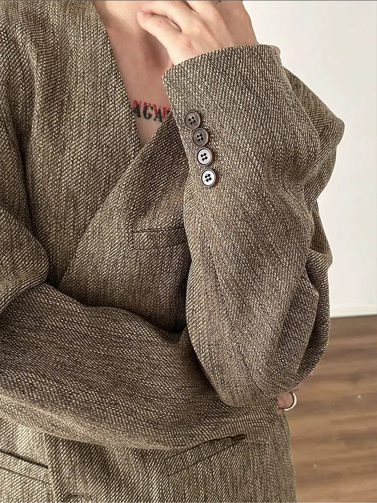 Retro Woven Suit Blazer and Wide-Leg Pants