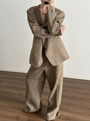 Retro Woven Suit Blazer and Wide-Leg Pants