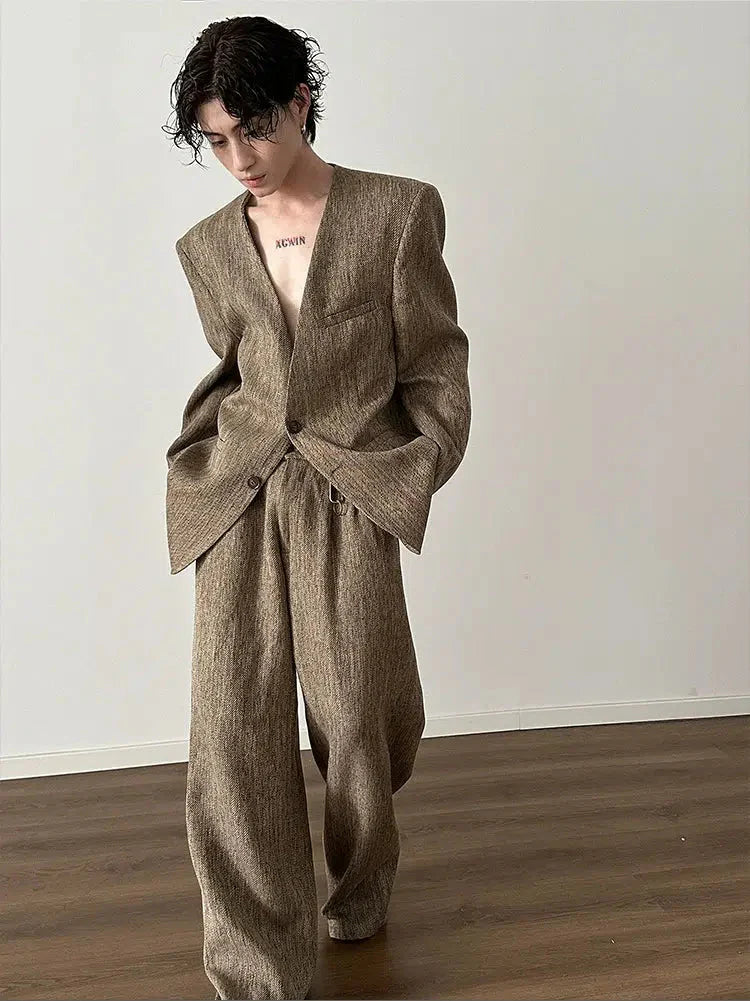 Retro Woven Suit Blazer and Wide-Leg Pants