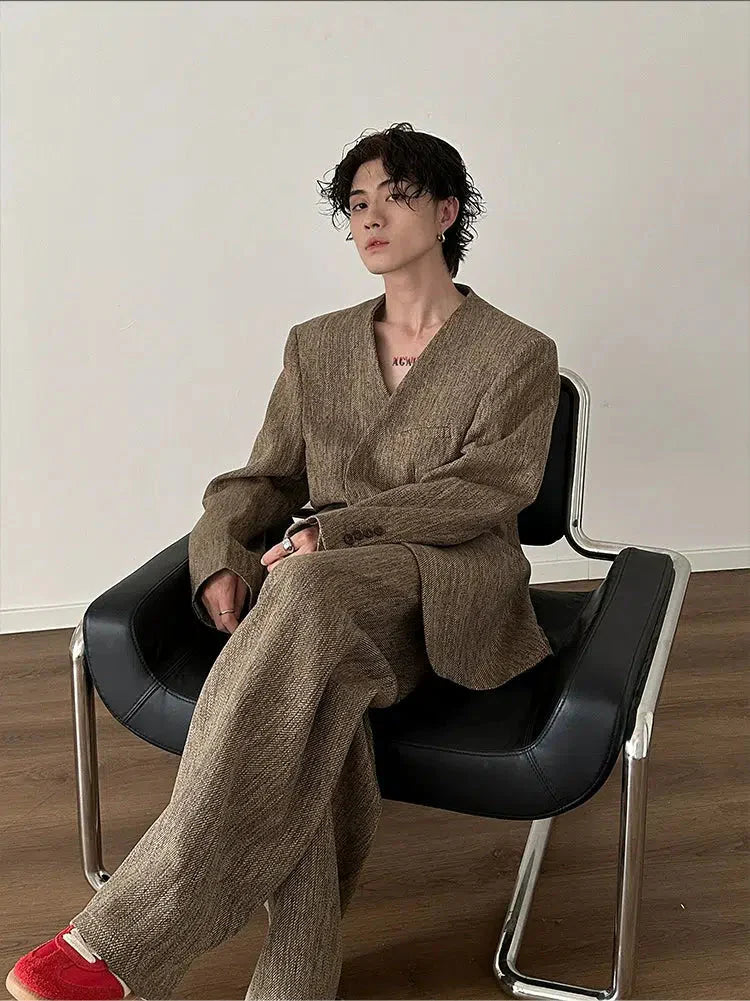 Retro Woven Suit Blazer and Wide-Leg Pants