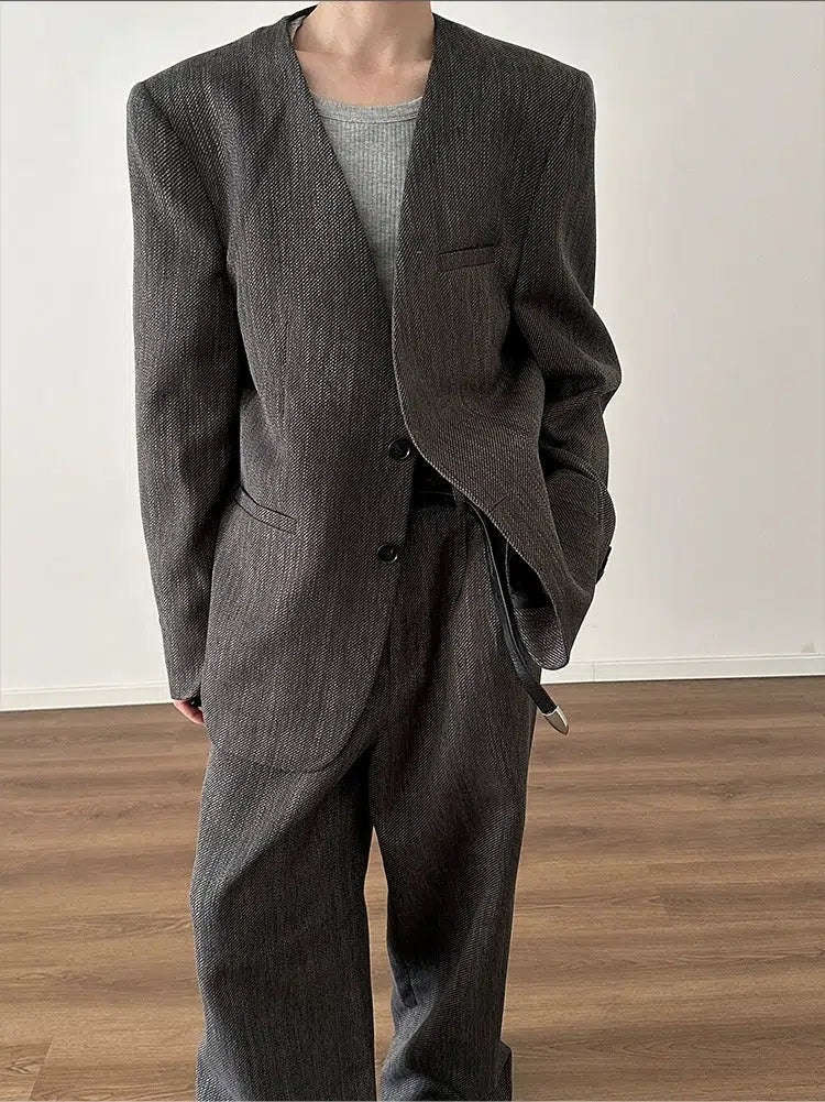 Retro Woven Suit Blazer and Wide-Leg Pants