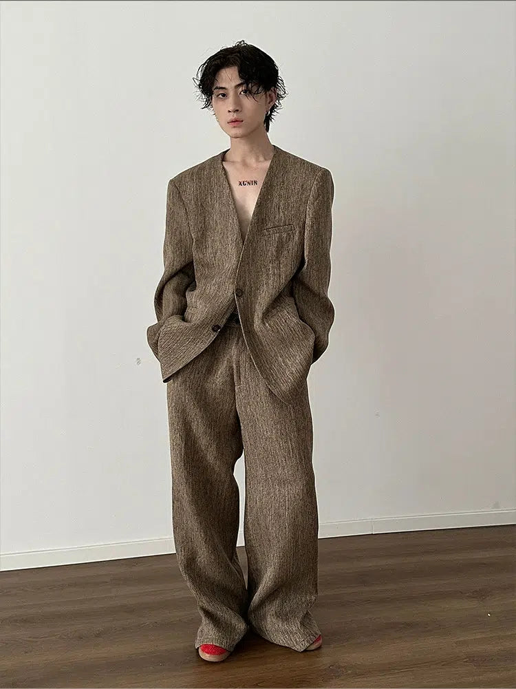 Retro Woven Suit Blazer and Wide-Leg Pants