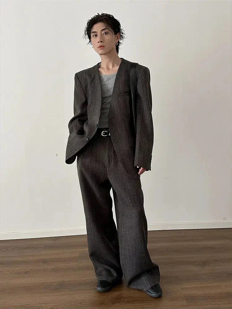 Retro Woven Suit Blazer and Wide-Leg Pants