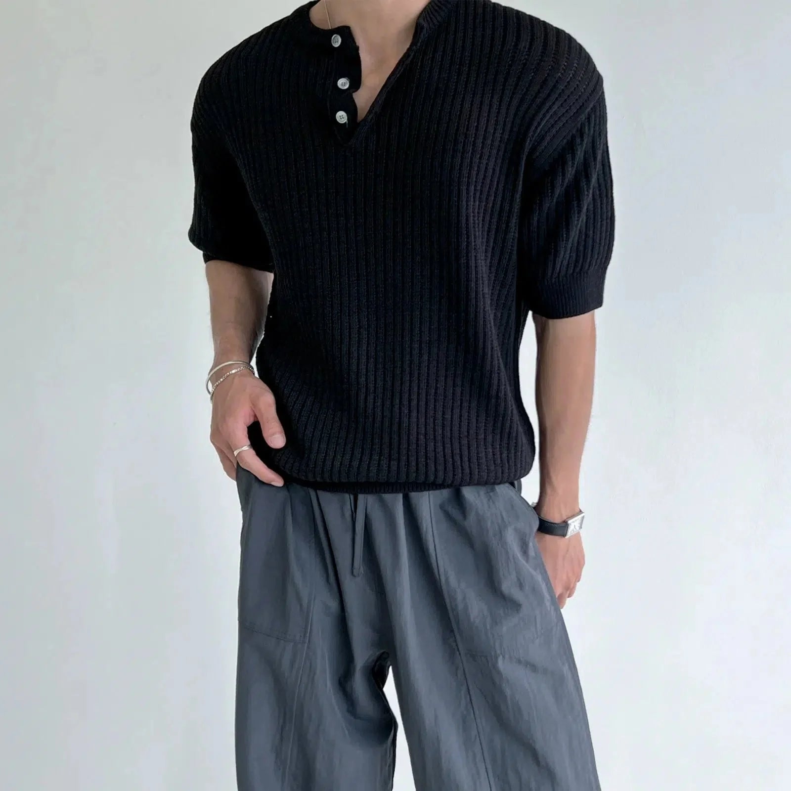 Short-sleeved Knitted Henley