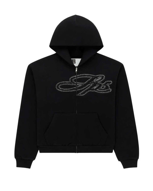 Sp5der Rhinestone Script Zip Up Hoodie Black Hover Image