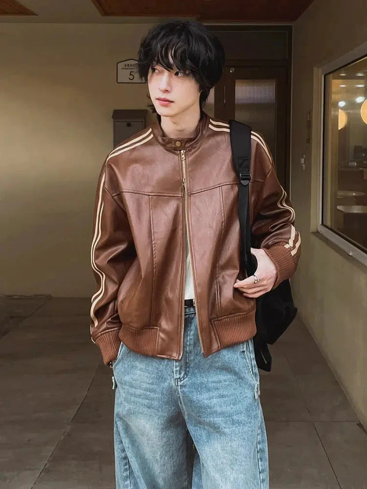 Striped Accents Leather Jacket