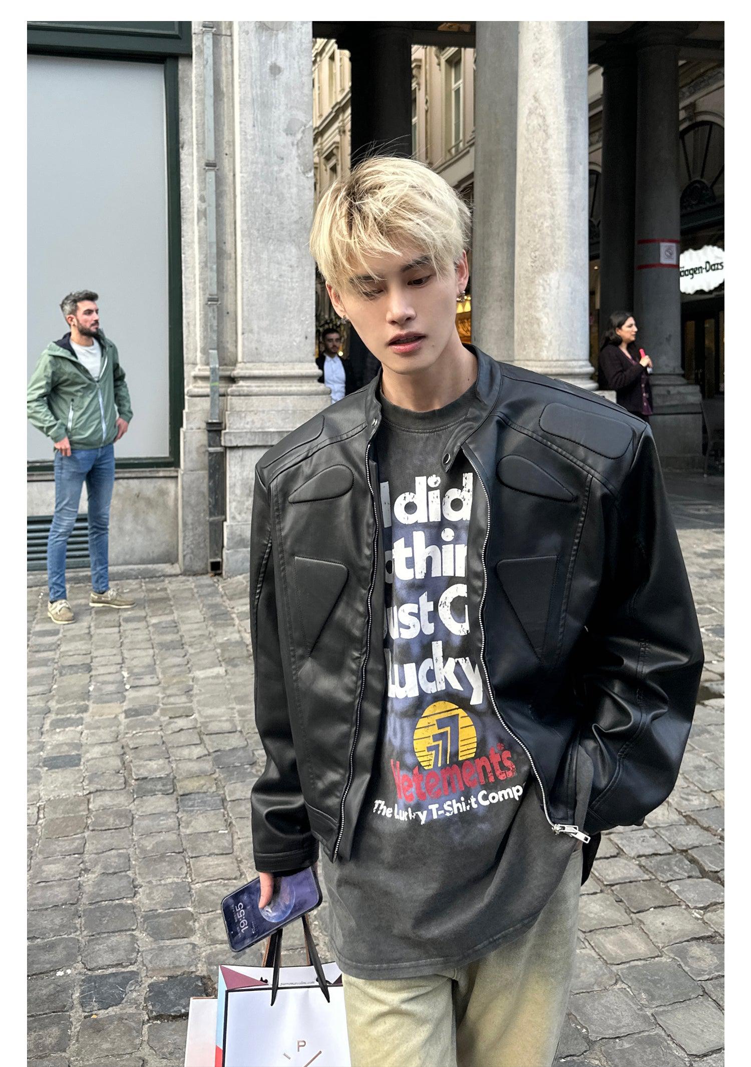 Leather Motorcycle Bomber Jacket (Shoulder Pads)