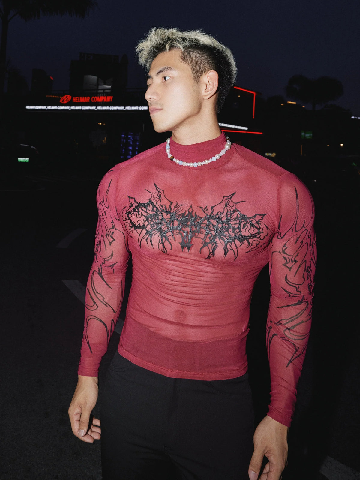 Sheer Gothic Print Slim Fit Pullover