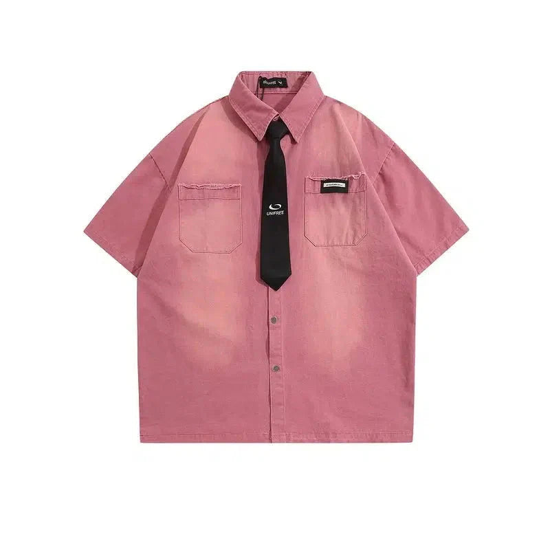 Washed Short-sleeved Shirt with Tie