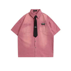 Washed Short-sleeved Shirt with Tie