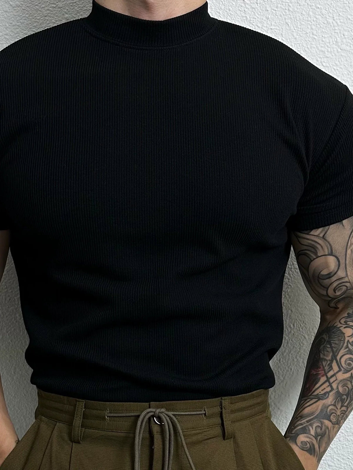 Ribbed Half Turtleneck Short Sleeve Pullover
