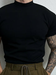 Ribbed Half Turtleneck Short Sleeve Pullover