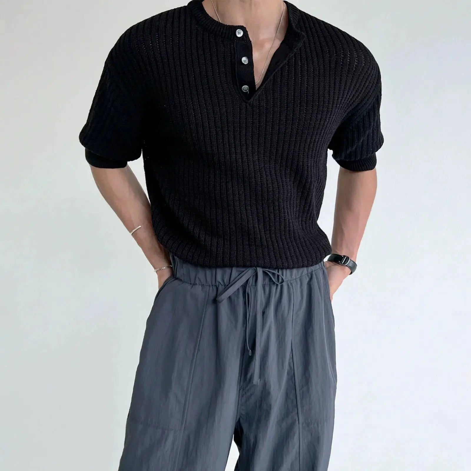 Short-sleeved Knitted Henley