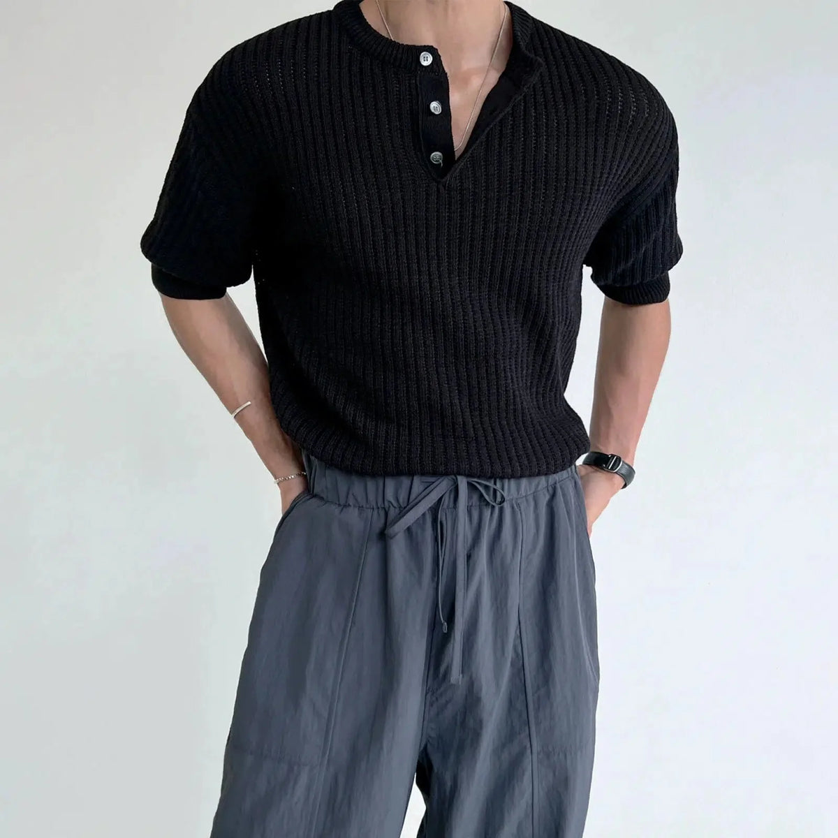 Short-sleeved Knitted Henley