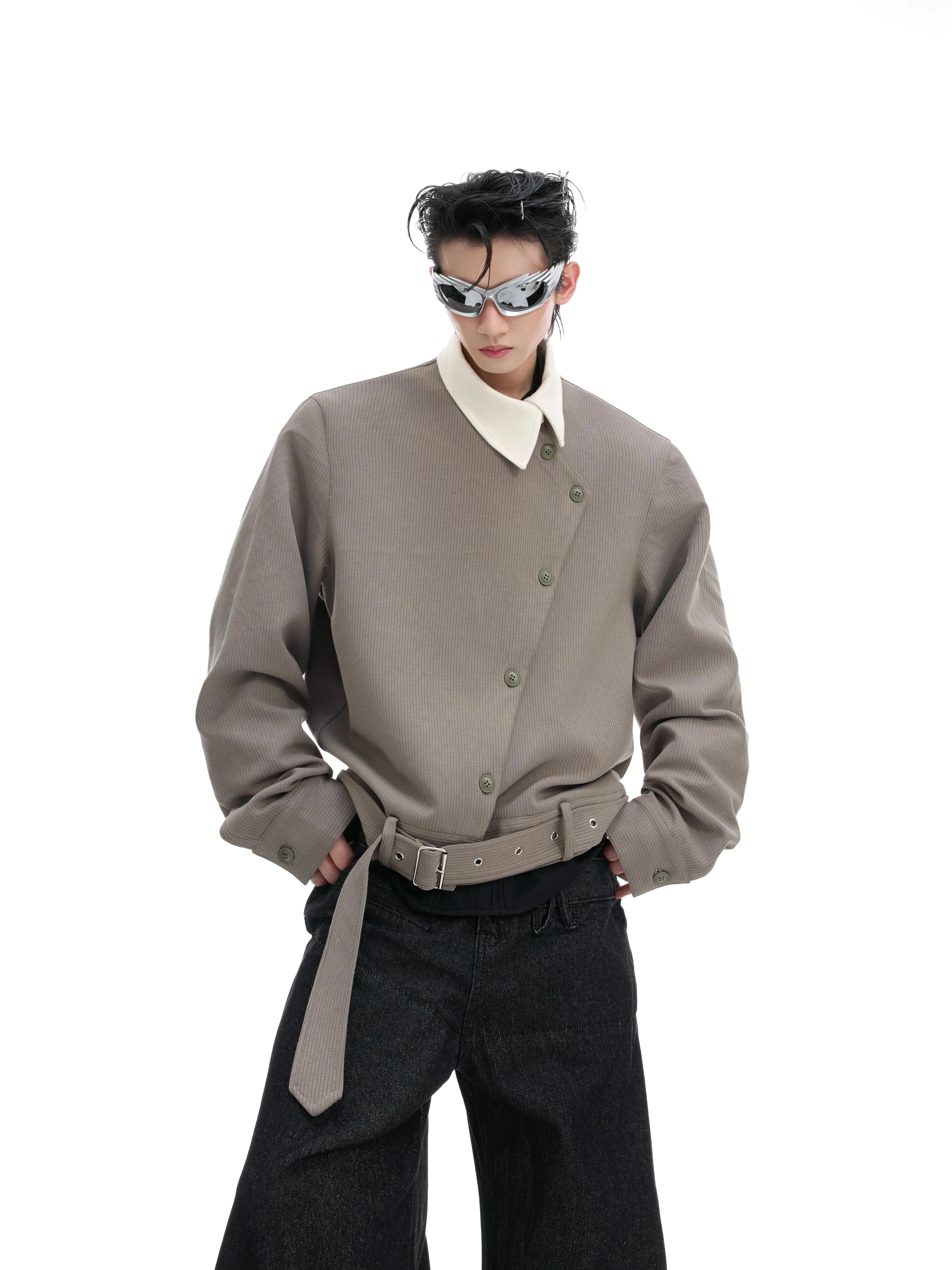 Oblique Button Pointed Collar Belted Shirt