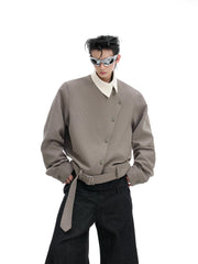 Oblique Button Pointed Collar Belted Shirt
