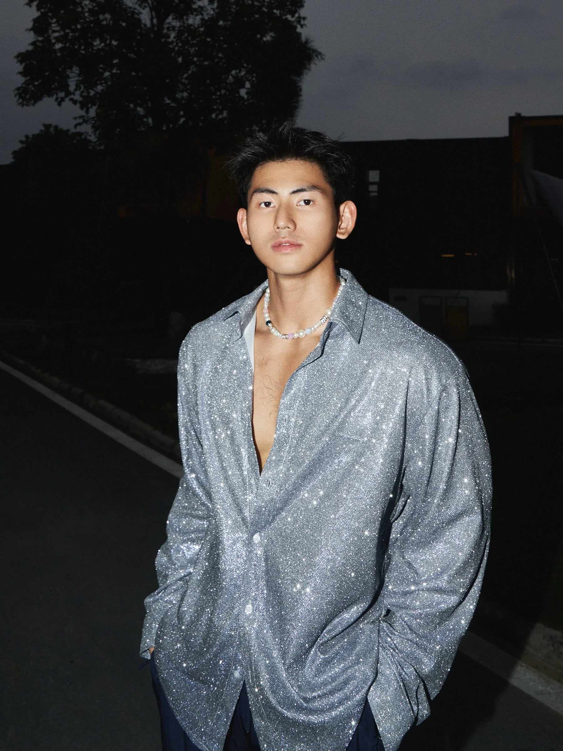 Glitter Shimmer Relaxed Fit Button-Up Shirt