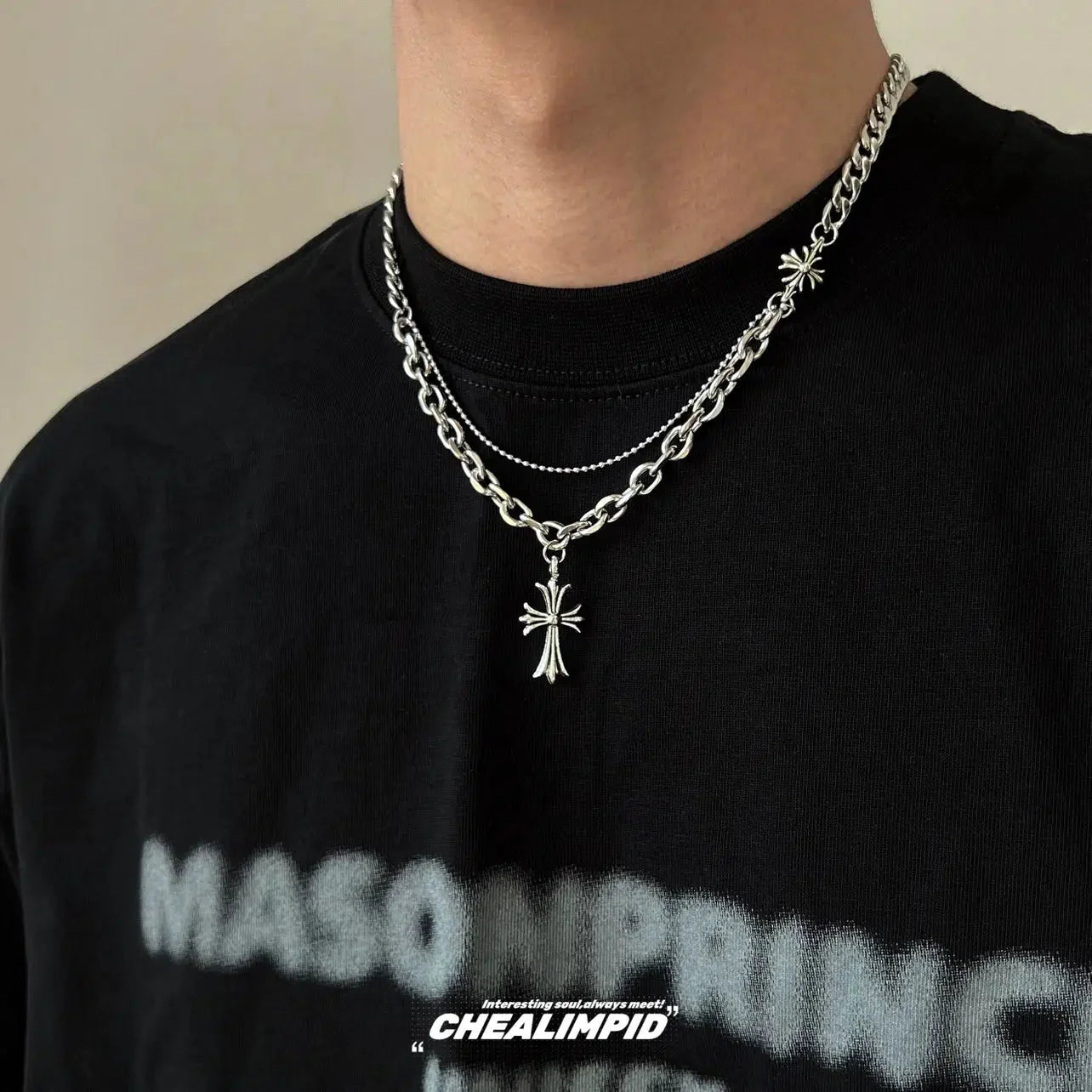 Double Chain Cross Pendant Necklace