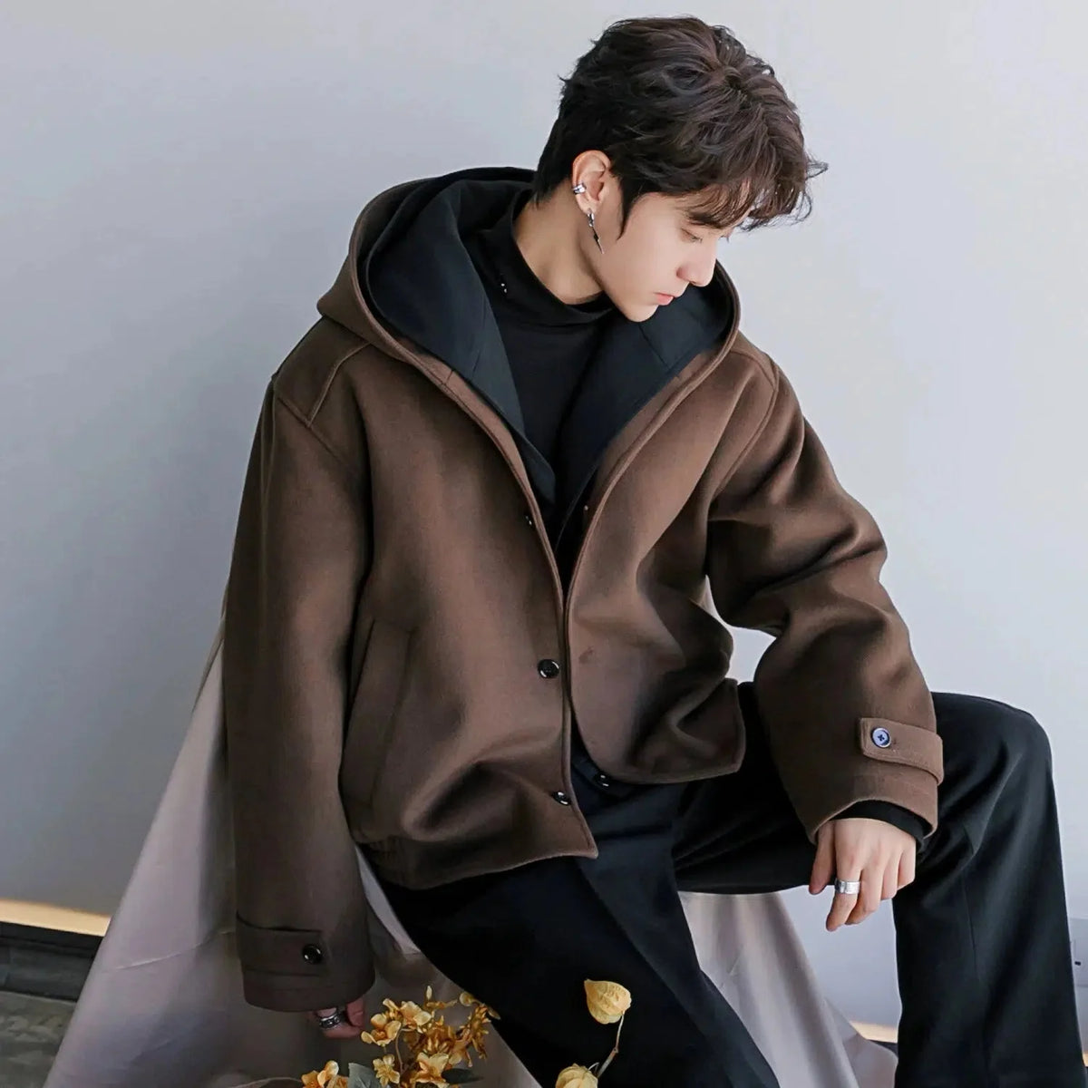Hooded Wool Coat with Button Closure