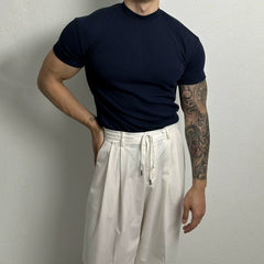 Ribbed Half Turtleneck Short Sleeve Pullover