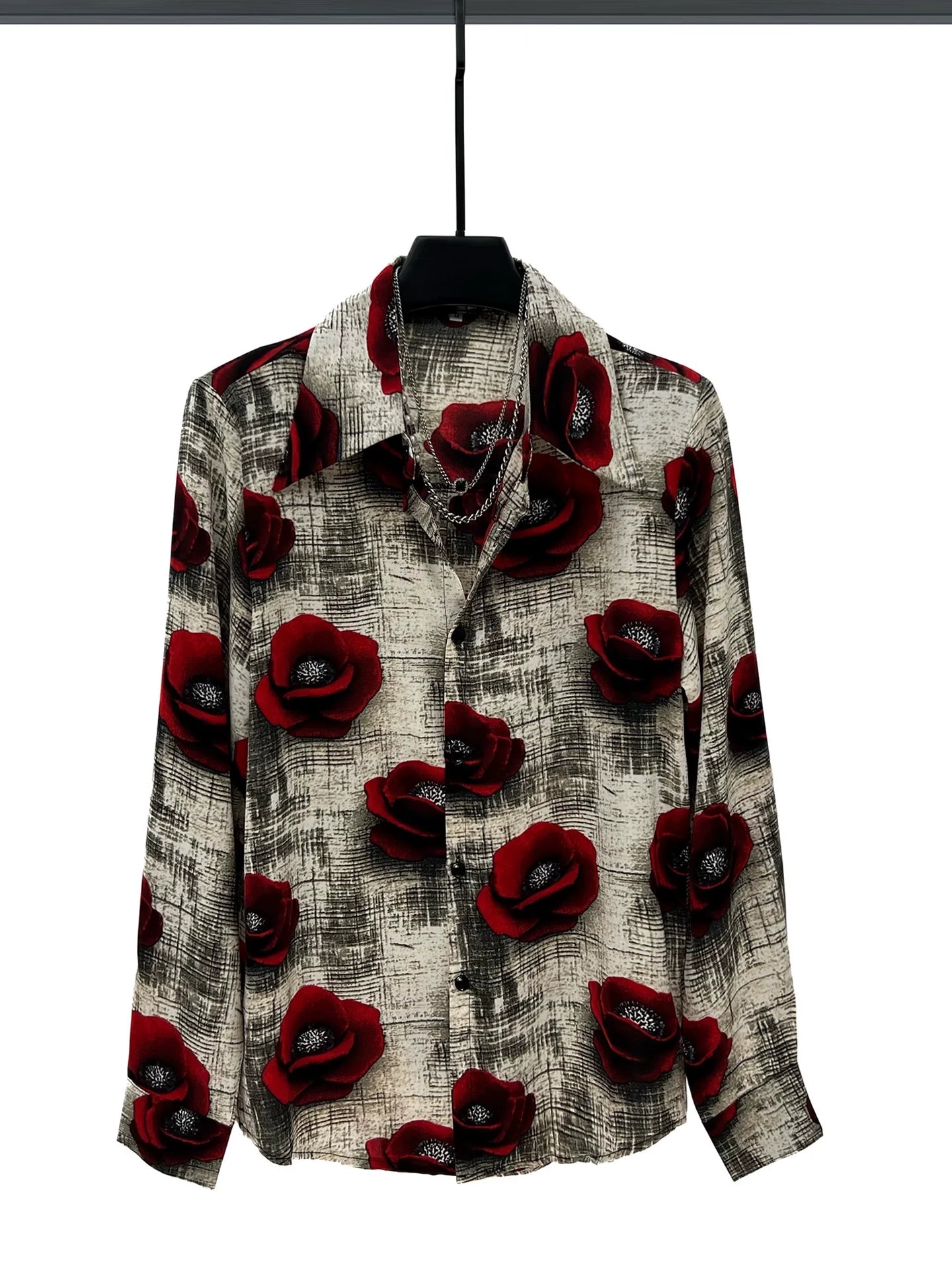 Rose Print Loose Fit Button Up Shirt