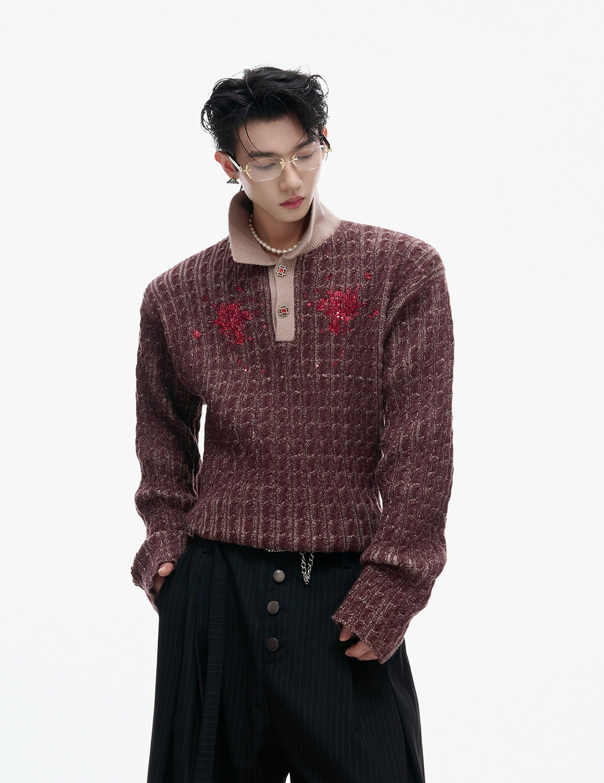Sequined Lapel Knit Sweater