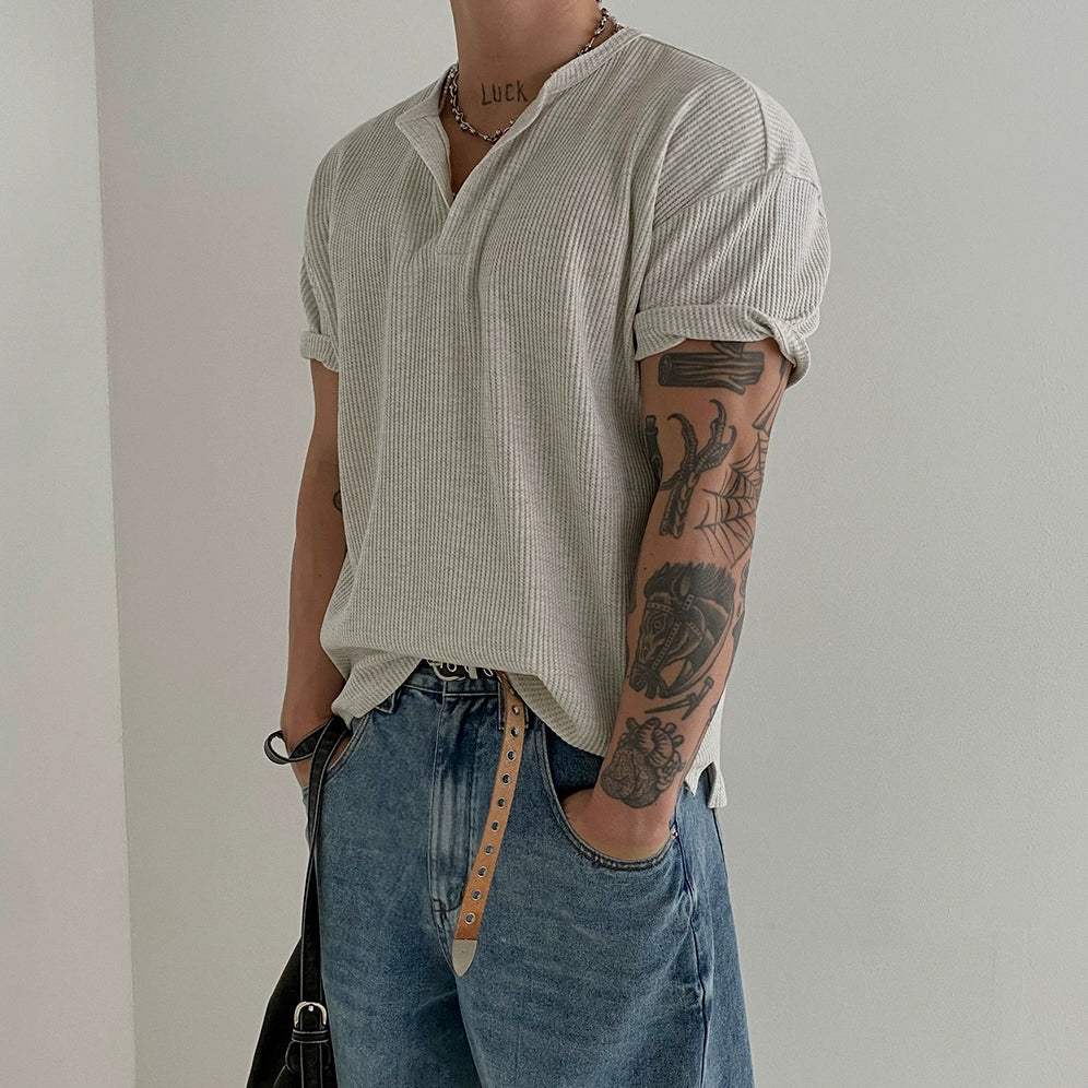 Henry Collar Ribbed Short Sleeve Pullover