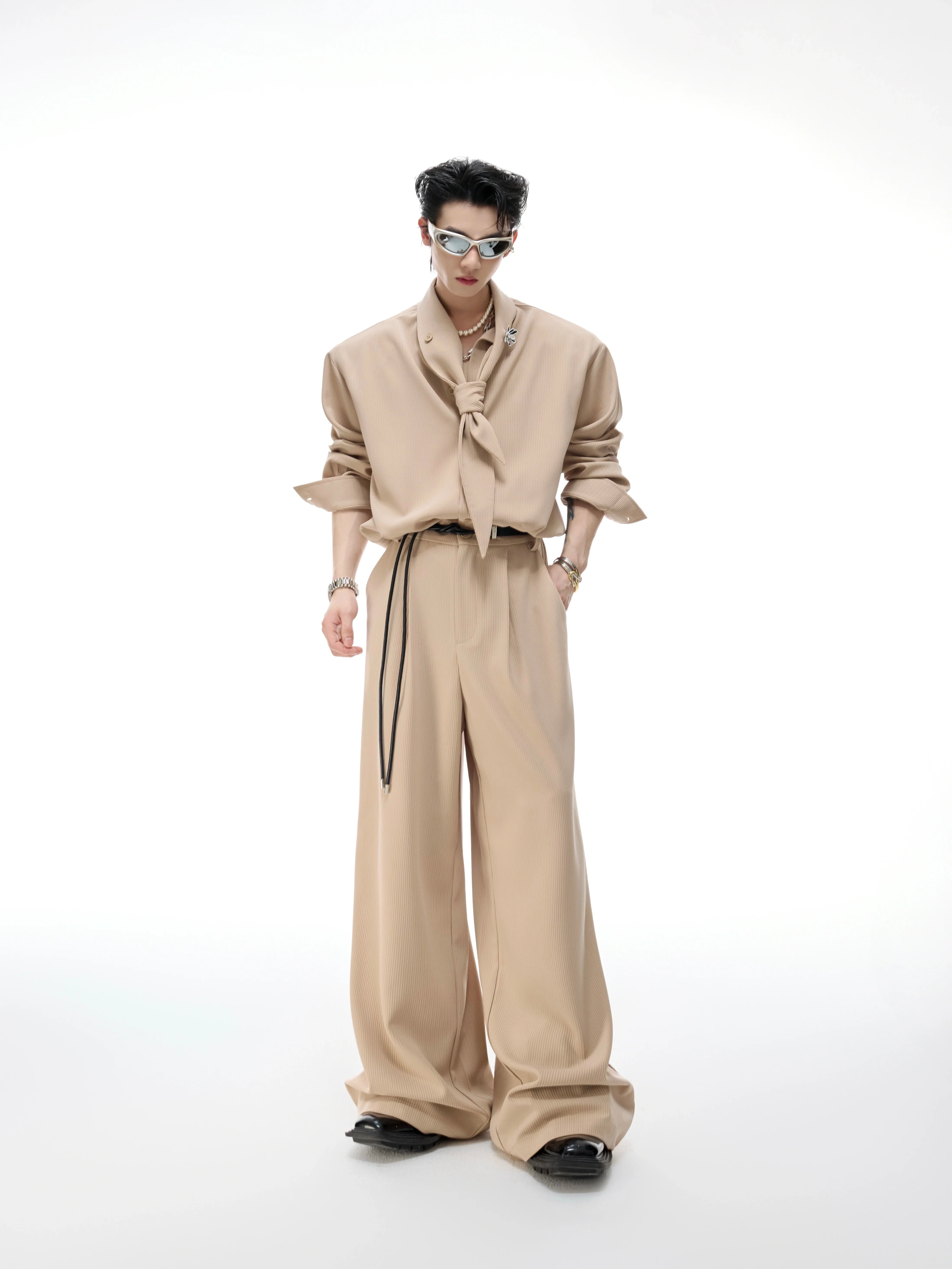 Flowing Scarf Shirt and Wide-Leg Pants