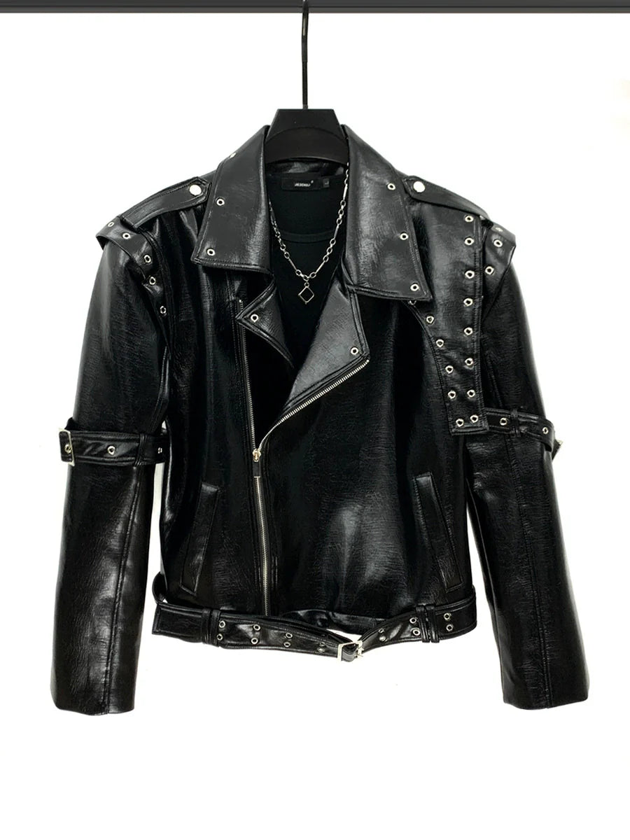 PU Leather Motorcycle Jacket with Studded Details